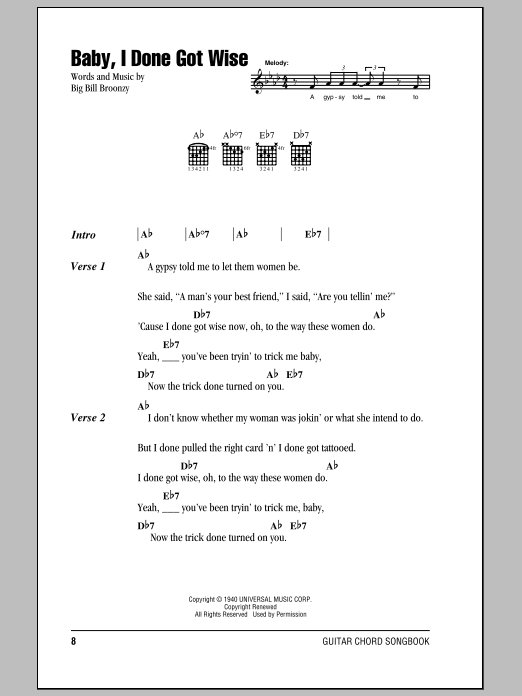 Preview Big Bill Broonzy Baby, I Done Got Wise Pop sheet music, notes and chords for Lyrics & Chords, SKU: 84164 Baby, I Done Got Wise sheet music