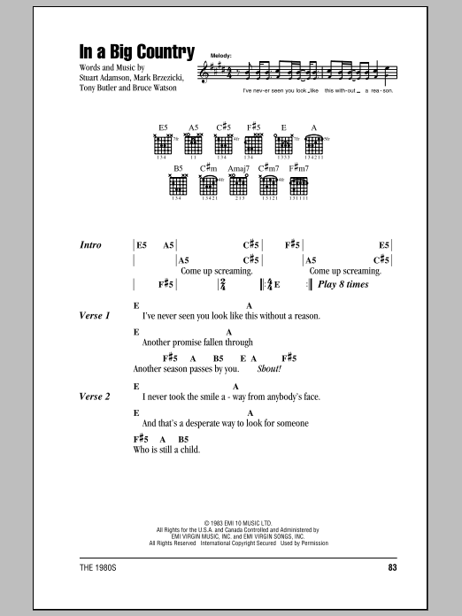 Preview Big Country In A Big Country Pop sheet music, notes and chords for Lyrics & Chords, SKU: 81351 In A Big Country sheet music