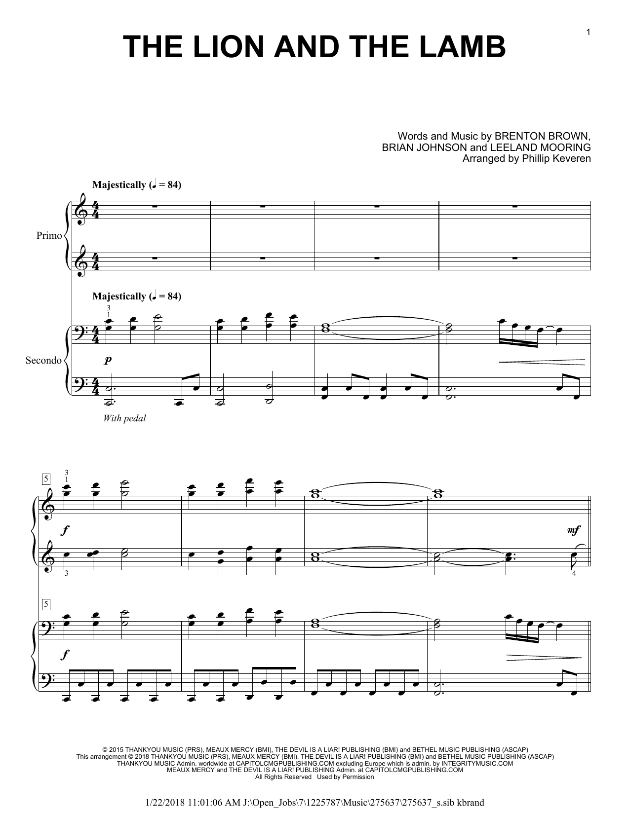 Preview Phillip Keveren The Lion And The Lamb Religious sheet music, notes and chords for Piano Duet, SKU: 250309 The Lion And The Lamb sheet music