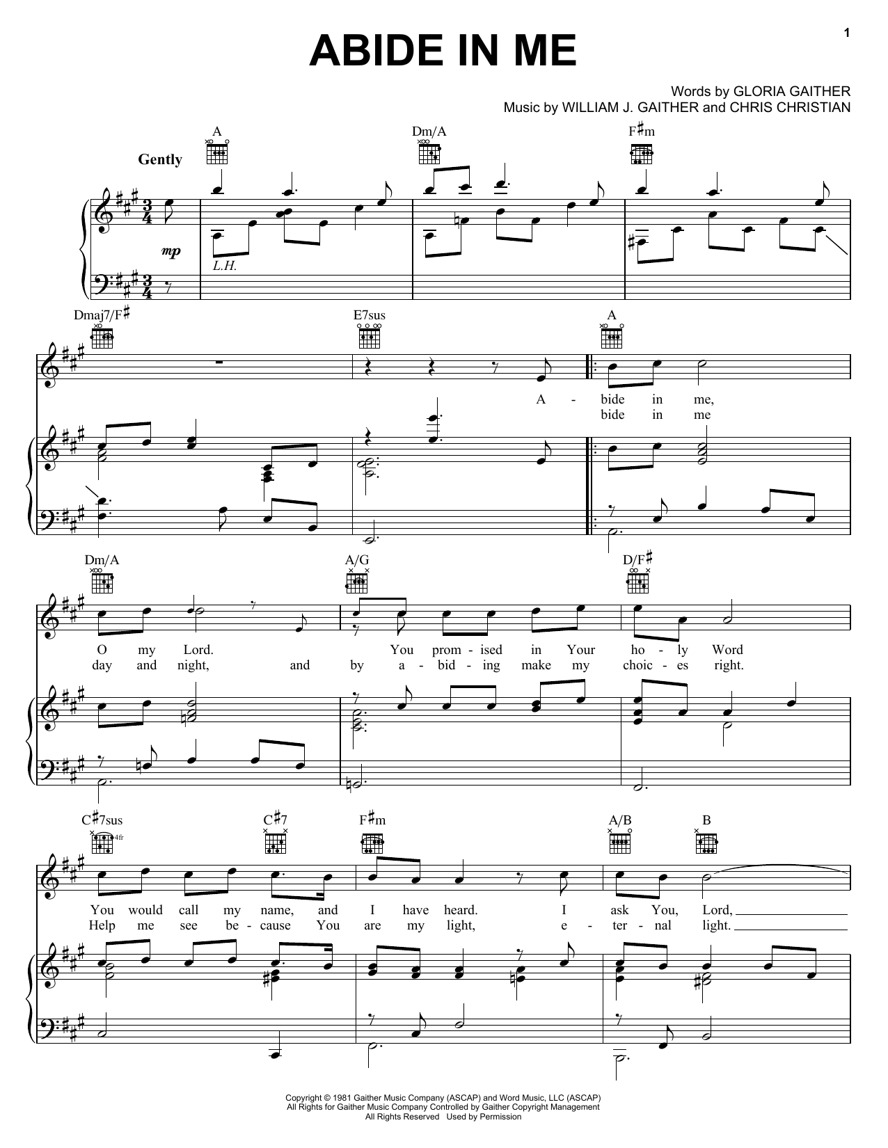 Bill & Gloria Gaither Abide In Me Sheet Music Notes & Chords for Piano, Vocal & Guitar (Right-Hand Melody) - Download or Print PDF