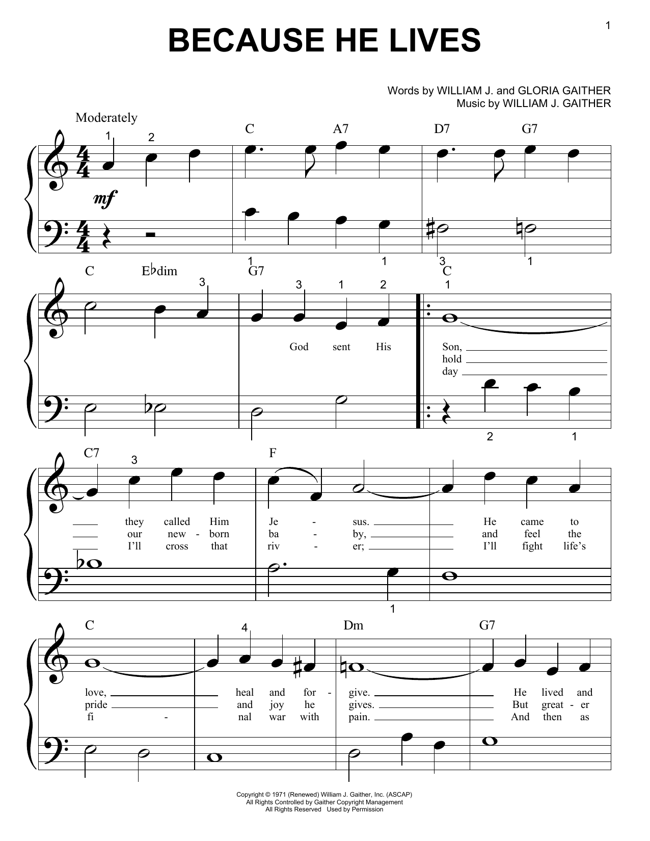 Bill & Gloria Gaither Because He Lives Sheet Music Notes & Chords for Piano (Big Notes) - Download or Print PDF