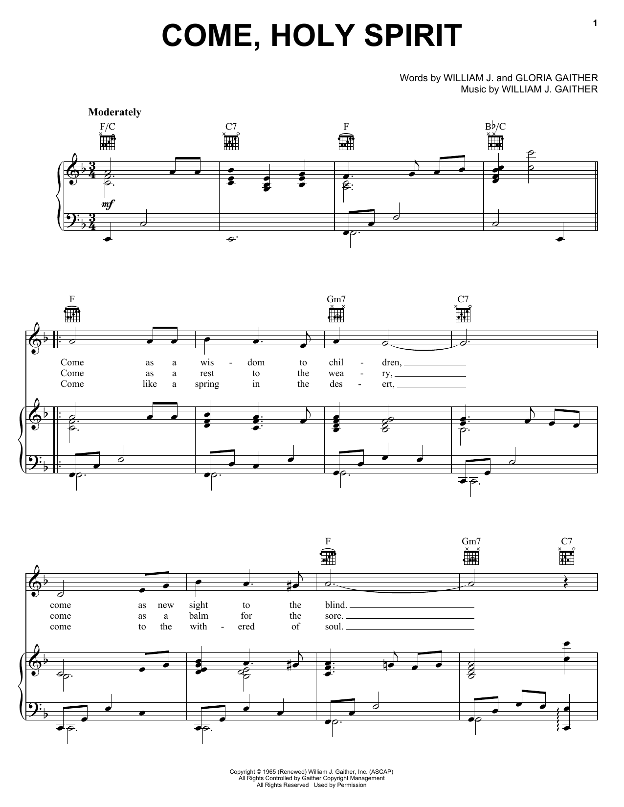 Bill & Gloria Gaither Come, Holy Spirit Sheet Music Notes & Chords for Piano, Vocal & Guitar (Right-Hand Melody) - Download or Print PDF