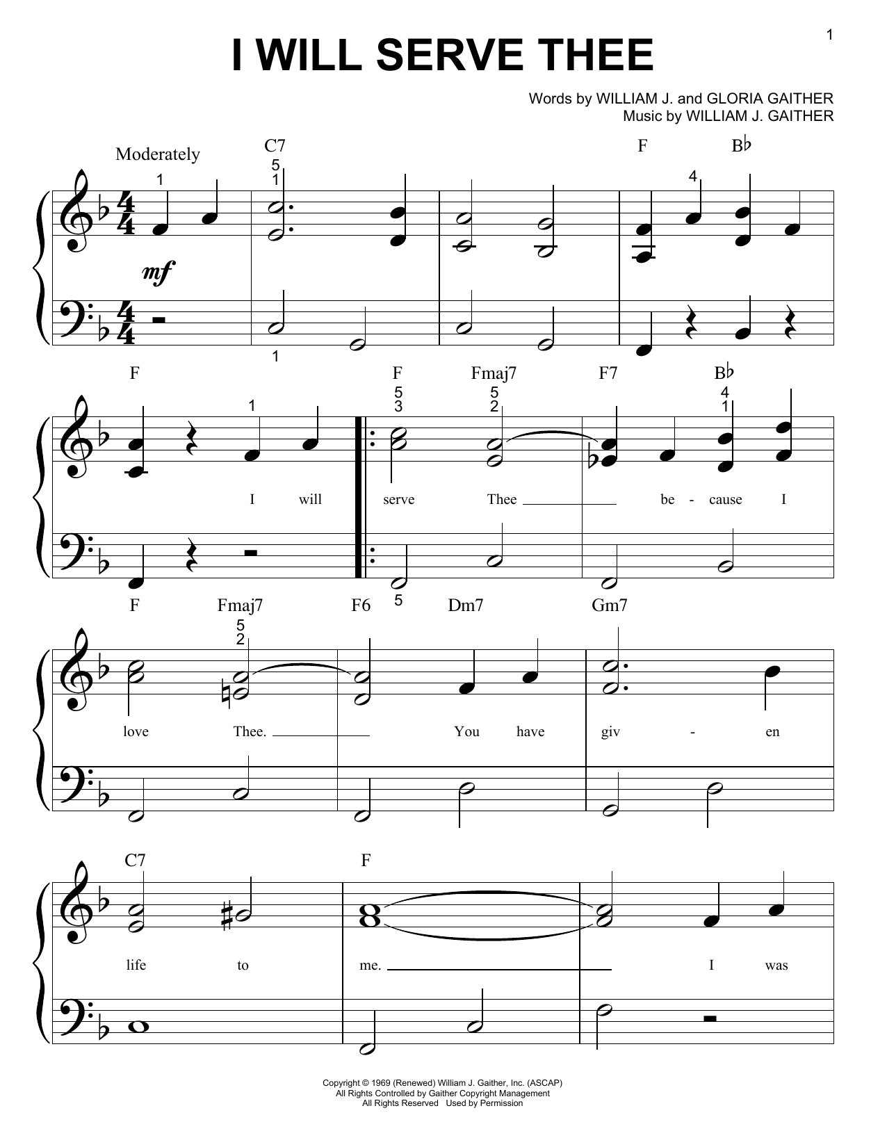 Bill & Gloria Gaither I Will Serve Thee Sheet Music Notes & Chords for Piano (Big Notes) - Download or Print PDF