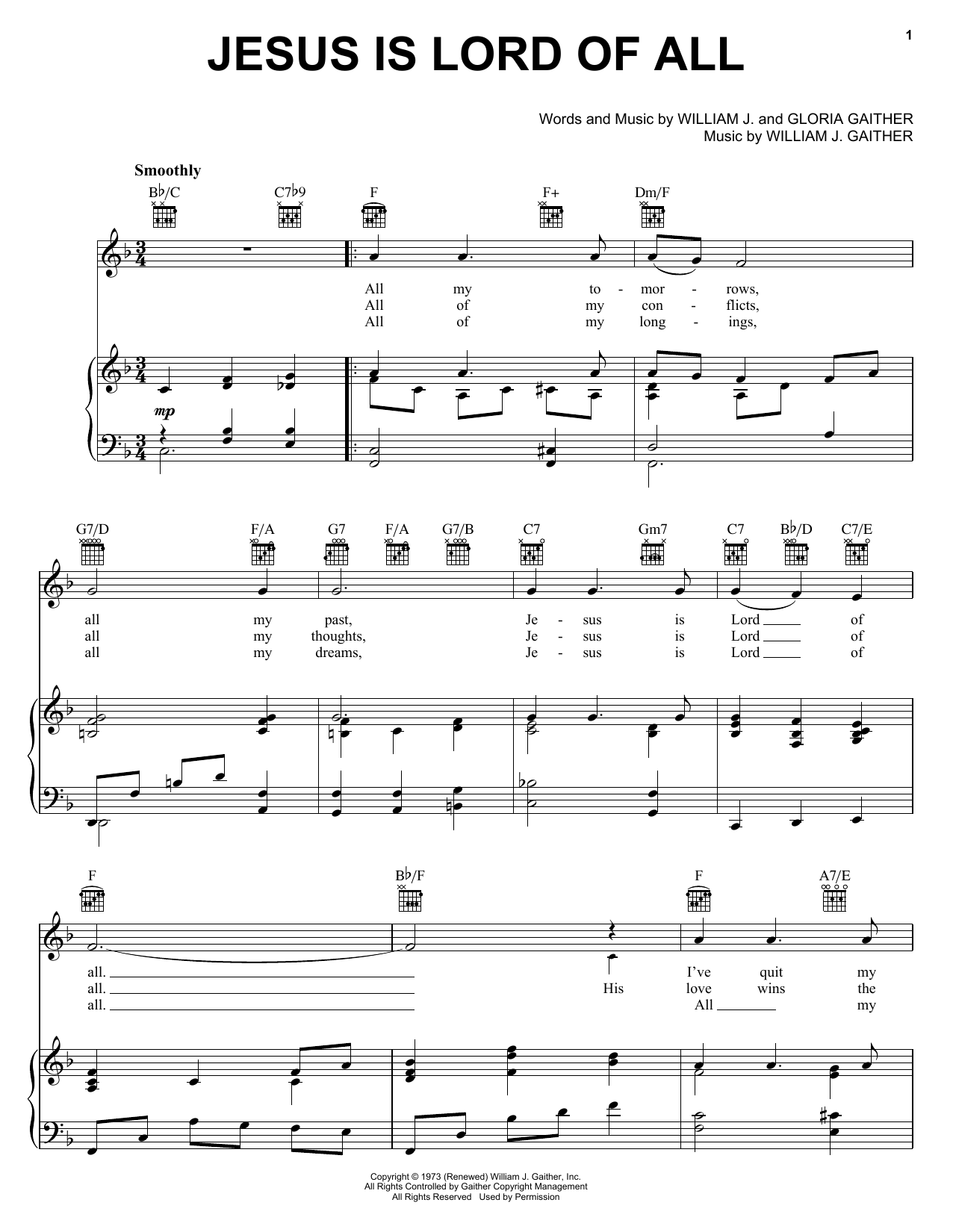 Bill & Gloria Gaither Jesus Is Lord Of All Sheet Music Notes & Chords for Piano, Vocal & Guitar (Right-Hand Melody) - Download or Print PDF