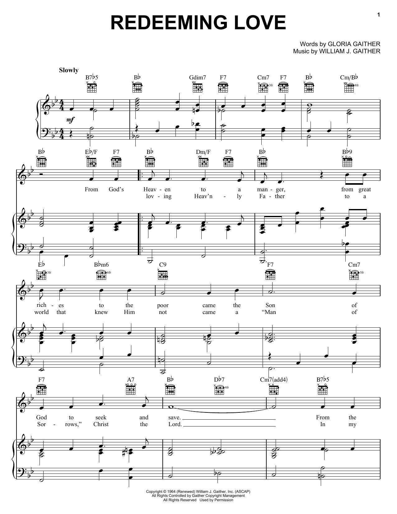Bill & Gloria Gaither Redeeming Love Sheet Music Notes & Chords for Piano, Vocal & Guitar (Right-Hand Melody) - Download or Print PDF