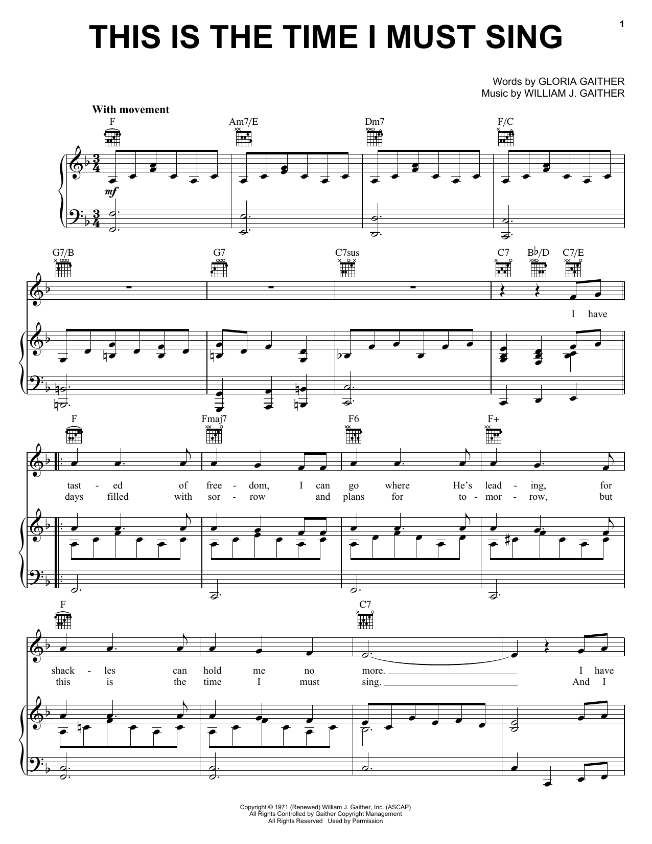 Bill & Gloria Gaither This Is The Time I Must Sing Sheet Music Notes & Chords for Piano, Vocal & Guitar (Right-Hand Melody) - Download or Print PDF