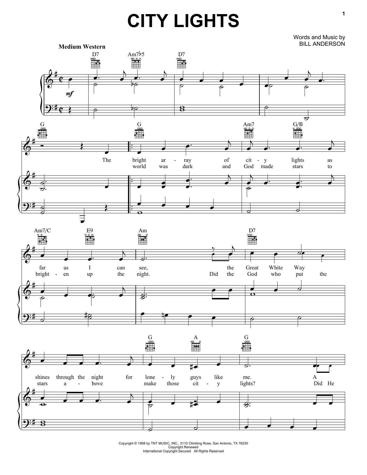 Bill Anderson City Lights Sheet Music Notes & Chords for Piano, Vocal & Guitar (Right-Hand Melody) - Download or Print PDF