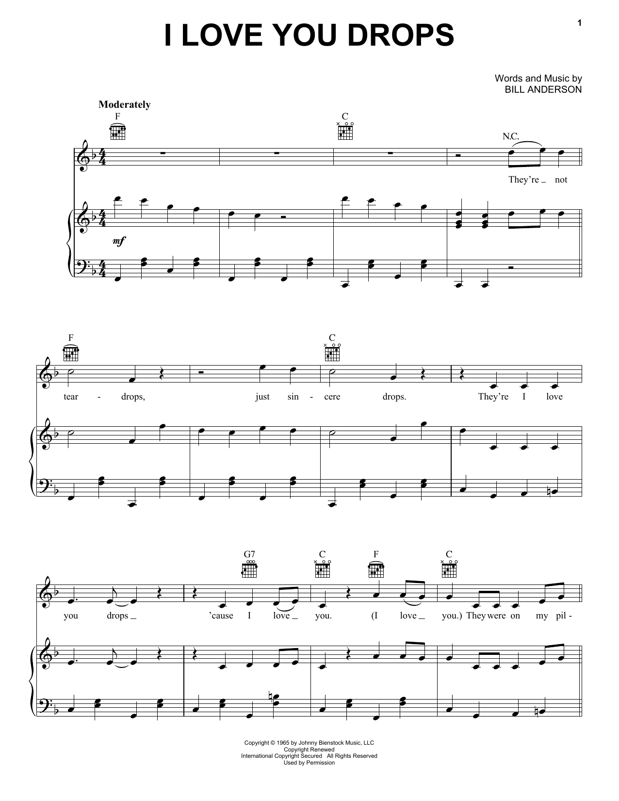 Bill Anderson I Love You Drops Sheet Music Notes & Chords for Piano, Vocal & Guitar (Right-Hand Melody) - Download or Print PDF