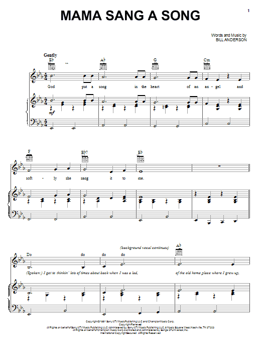 Bill Anderson Mama Sang A Song Sheet Music Notes & Chords for Piano, Vocal & Guitar (Right-Hand Melody) - Download or Print PDF