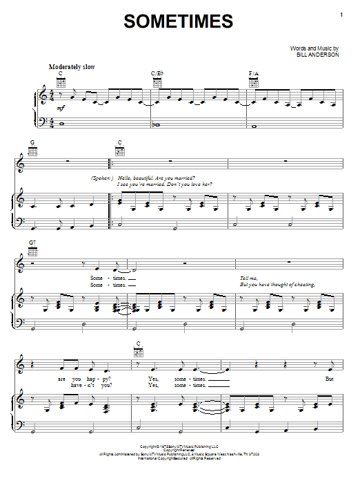 Bill Anderson Sometimes Sheet Music Notes & Chords for Piano, Vocal & Guitar (Right-Hand Melody) - Download or Print PDF