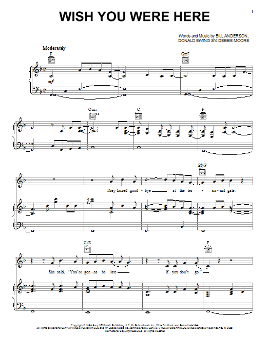 Bill Anderson Wish You Were Here Sheet Music Notes & Chords for Piano, Vocal & Guitar (Right-Hand Melody) - Download or Print PDF