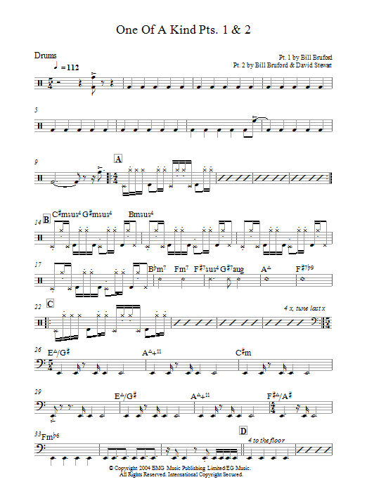 Bill Bruford One Of A Kind Pts. 1 & 2 Sheet Music Notes & Chords for Double Bass - Download or Print PDF
