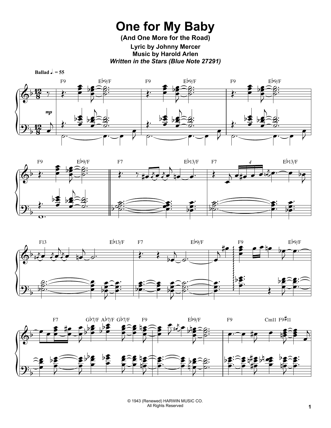 Bill Charlap One For My Baby (And One More For The Road) Sheet Music Notes & Chords for Piano Transcription - Download or Print PDF