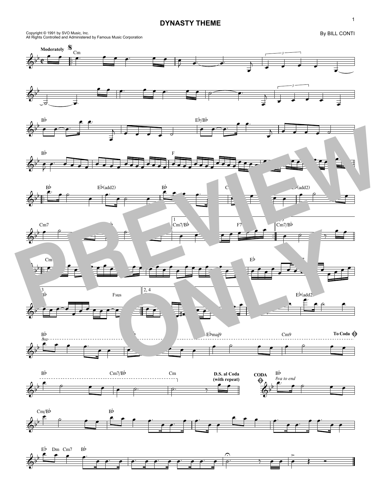 Bill Conti Dynasty Theme Sheet Music Notes & Chords for Piano - Download or Print PDF