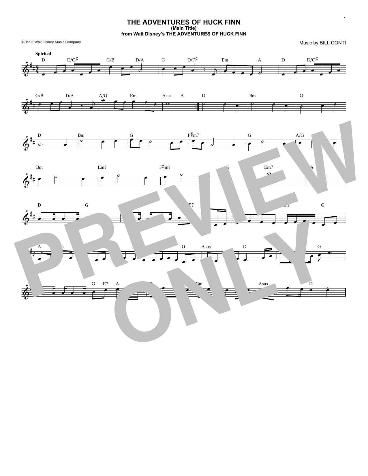 Bill Conti The Adventures Of Huck Finn (Main Title) Sheet Music Notes & Chords for Melody Line, Lyrics & Chords - Download or Print PDF