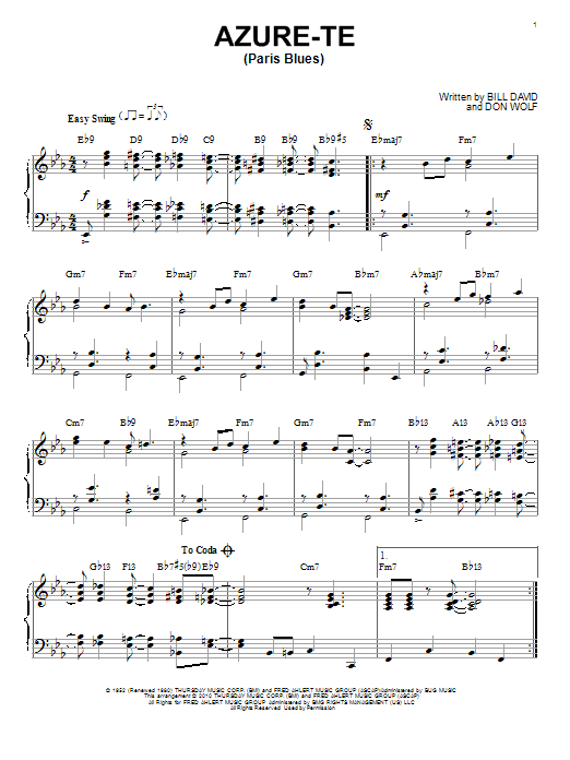 Bill Davis Azure-Te (Paris Blues) Sheet Music Notes & Chords for Piano, Vocal & Guitar (Right-Hand Melody) - Download or Print PDF