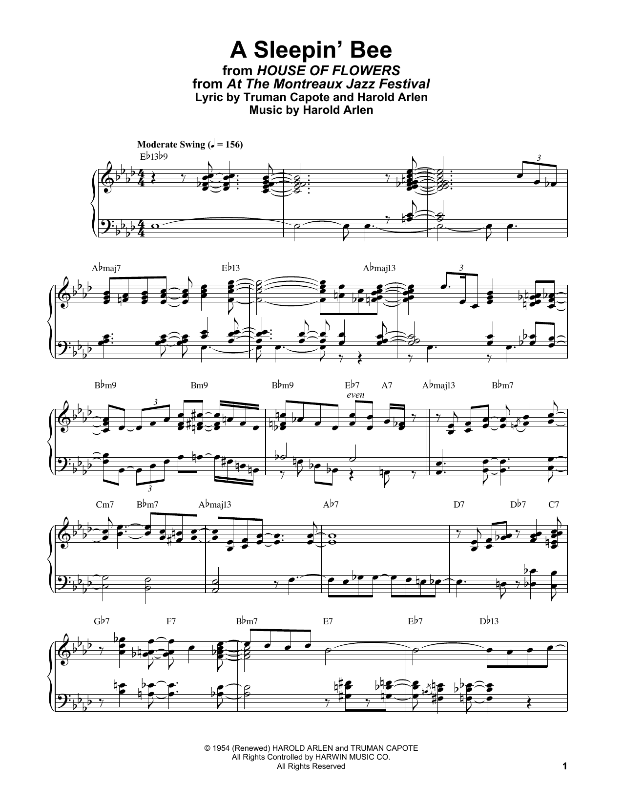 Bill Evans A Sleepin' Bee (from House Of Flowers) Sheet Music Notes & Chords for Piano Solo - Download or Print PDF