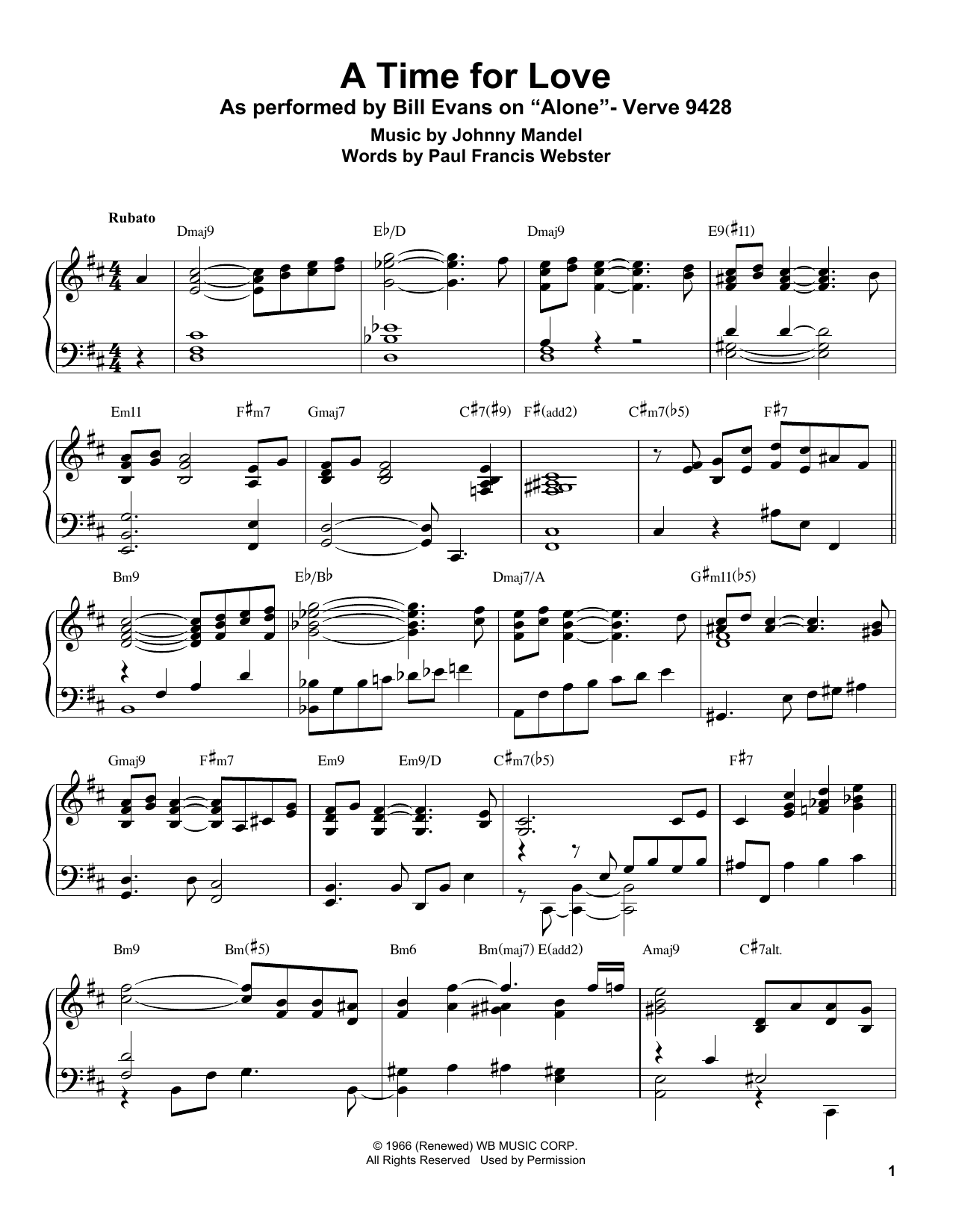 Bill Evans A Time For Love Sheet Music Notes & Chords for Piano Transcription - Download or Print PDF