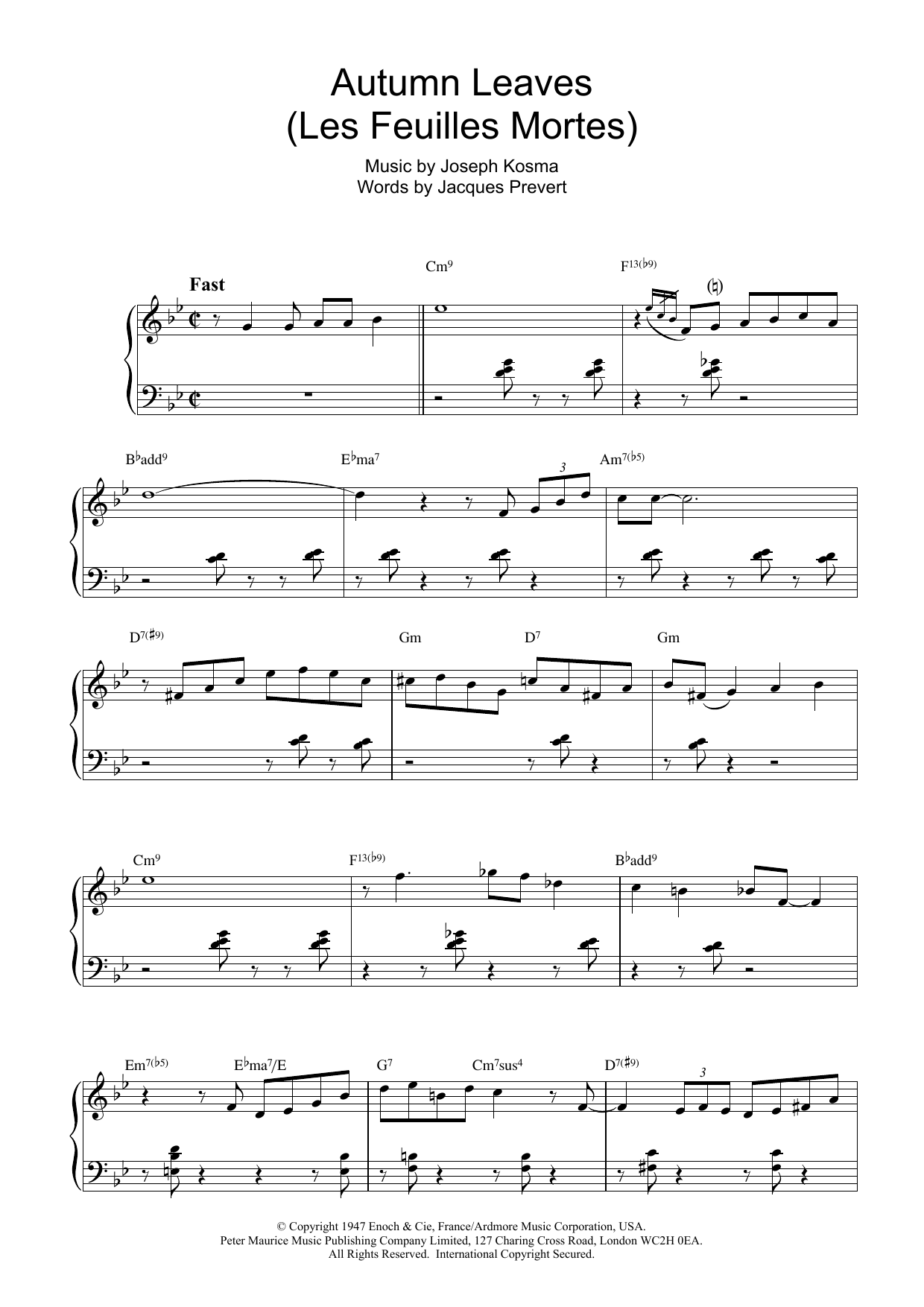 Bill Evans Autumn Leaves (Les Feuilles Mortes) Sheet Music Notes & Chords for Piano - Download or Print PDF