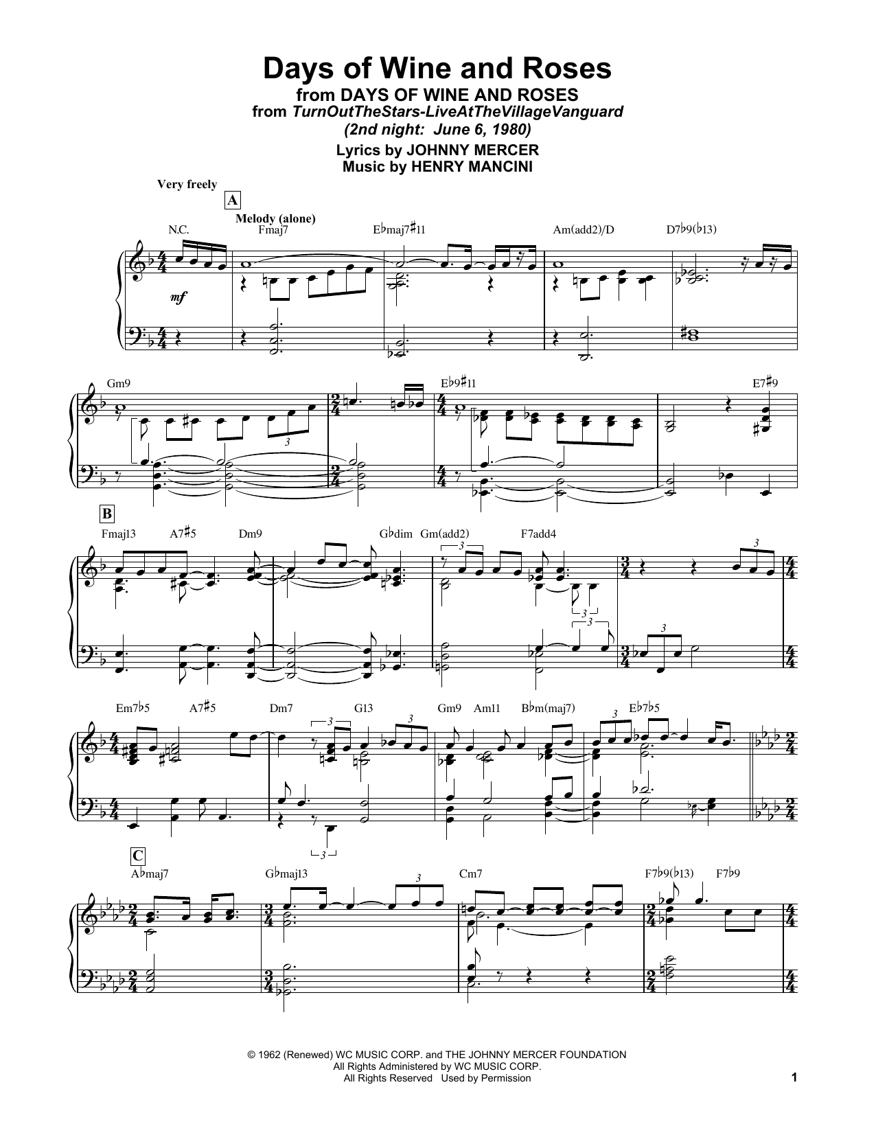 Bill Evans Days Of Wine And Roses Sheet Music Notes & Chords for Piano Solo - Download or Print PDF