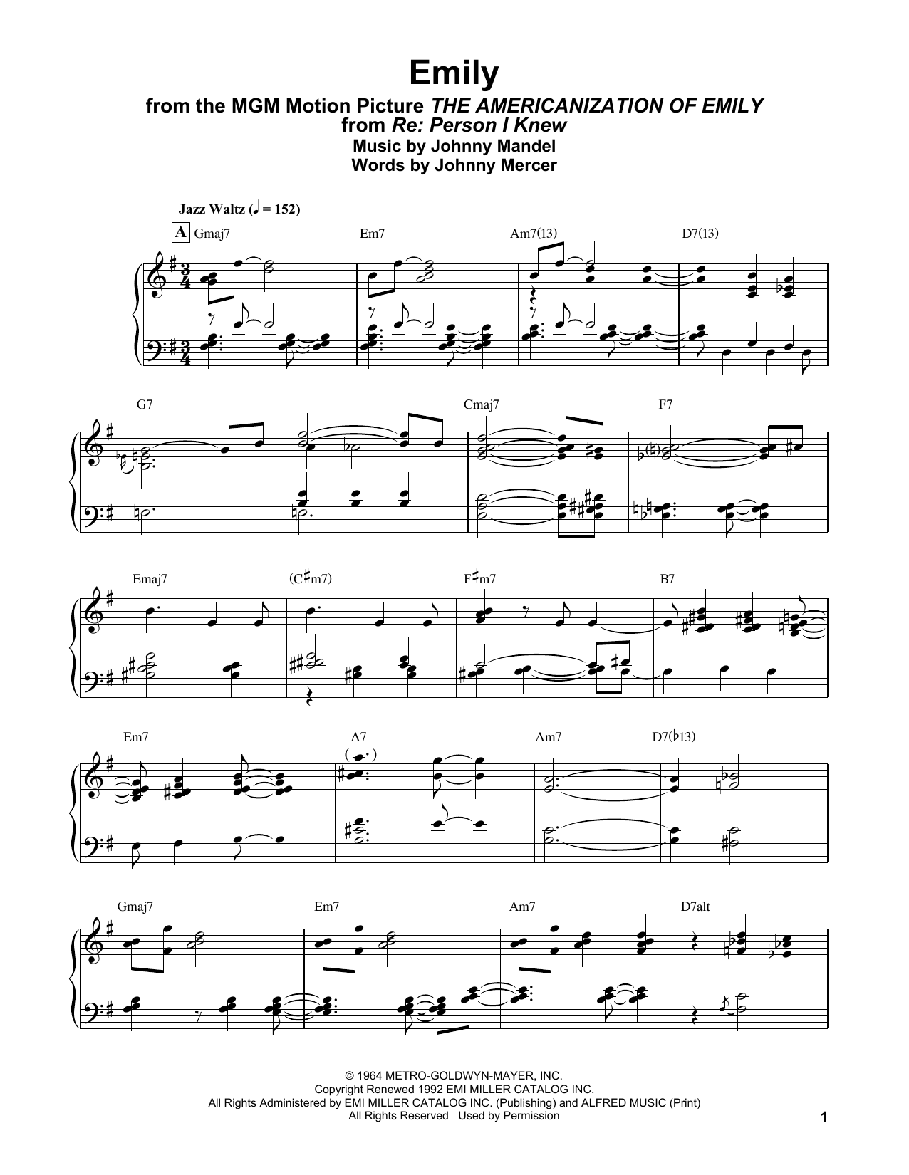 Bill Evans Emily (from The Americanization of Emily) Sheet Music Notes & Chords for Piano Solo - Download or Print PDF