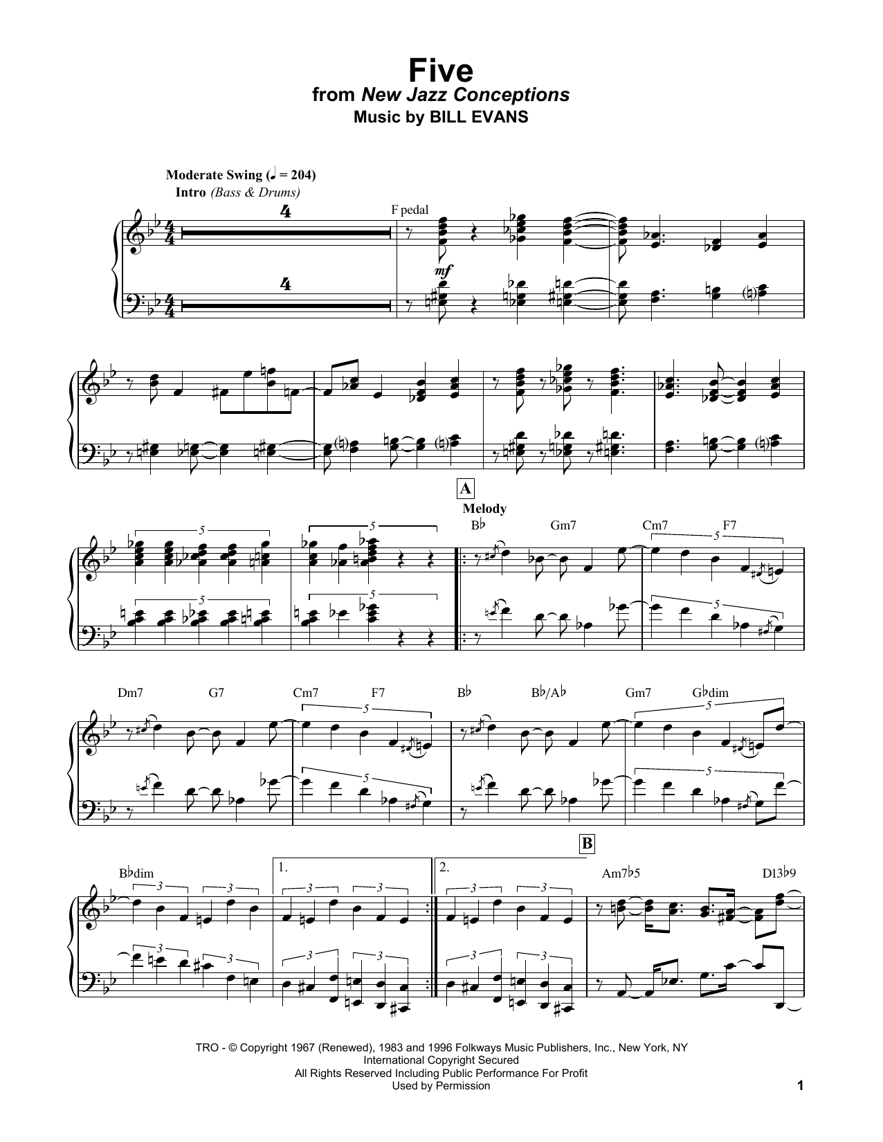 Bill Evans Five Sheet Music Notes & Chords for Piano Solo - Download or Print PDF