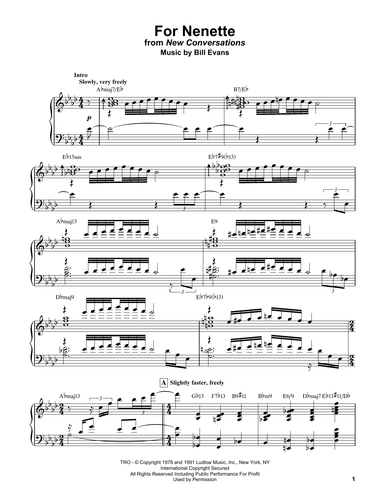 Bill Evans For Nenette Sheet Music Notes & Chords for Piano Solo - Download or Print PDF