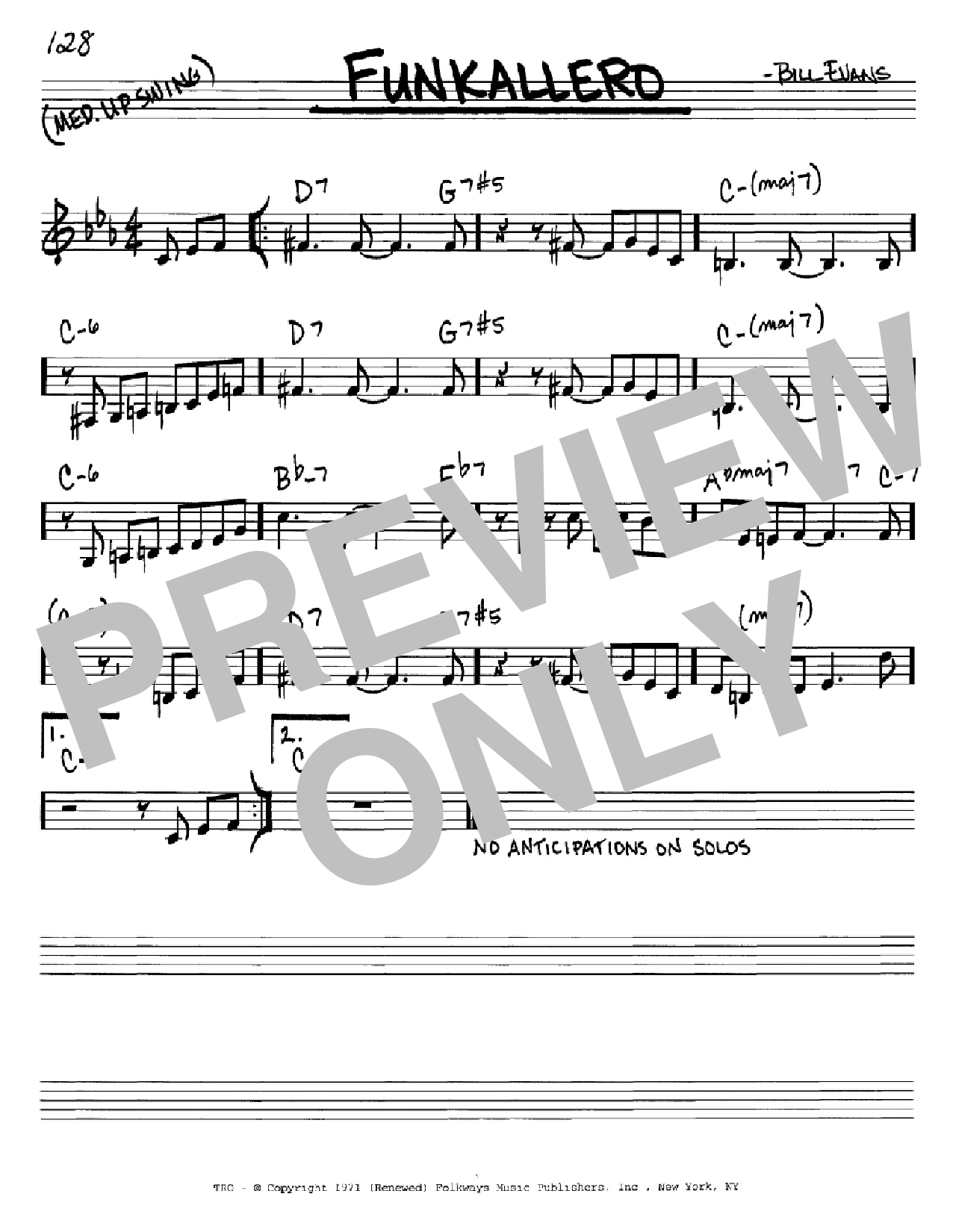 Bill Evans Funkallero Sheet Music Notes & Chords for Real Book – Melody & Chords - Download or Print PDF