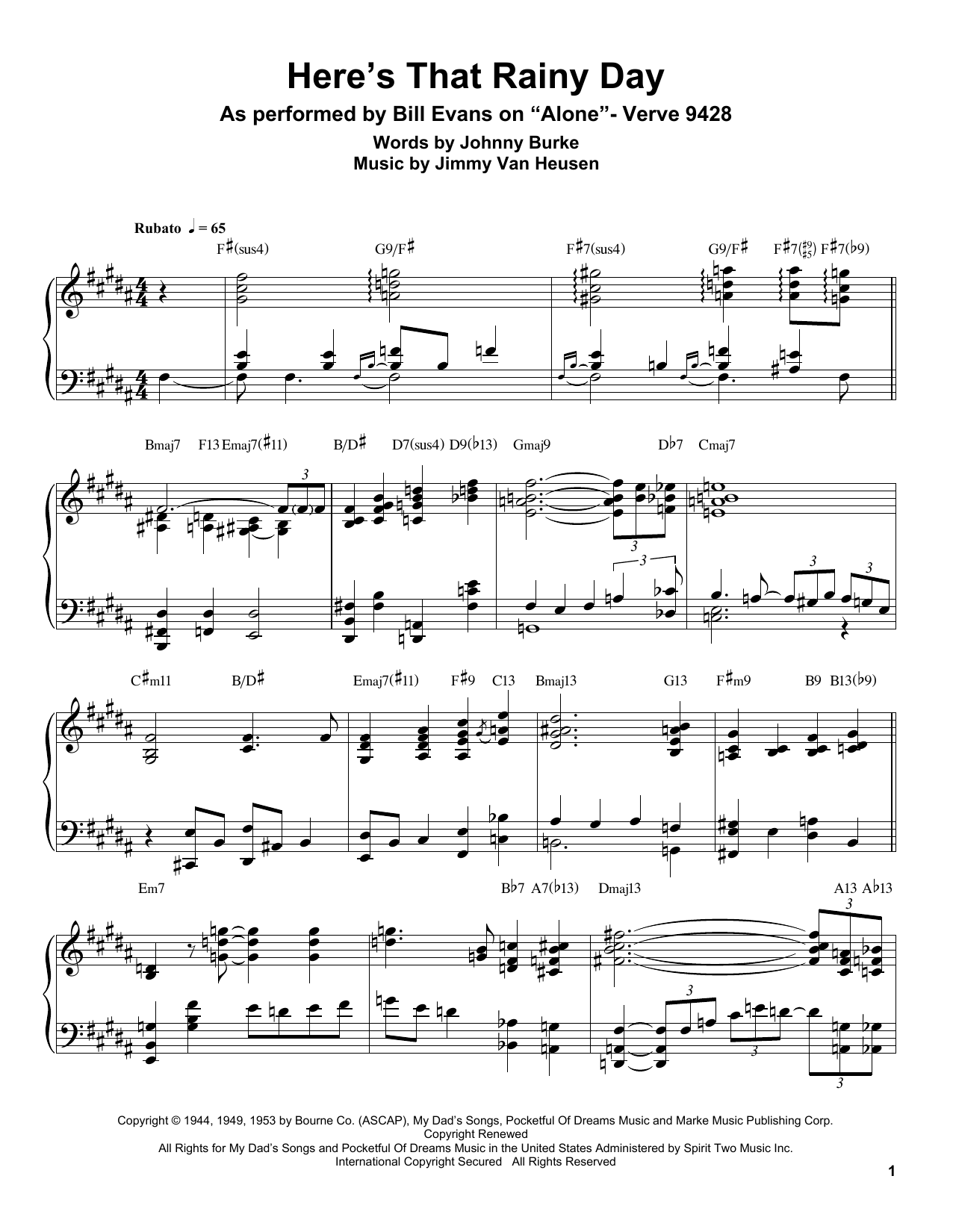 Bill Evans Here's That Rainy Day Sheet Music Notes & Chords for Piano Transcription - Download or Print PDF
