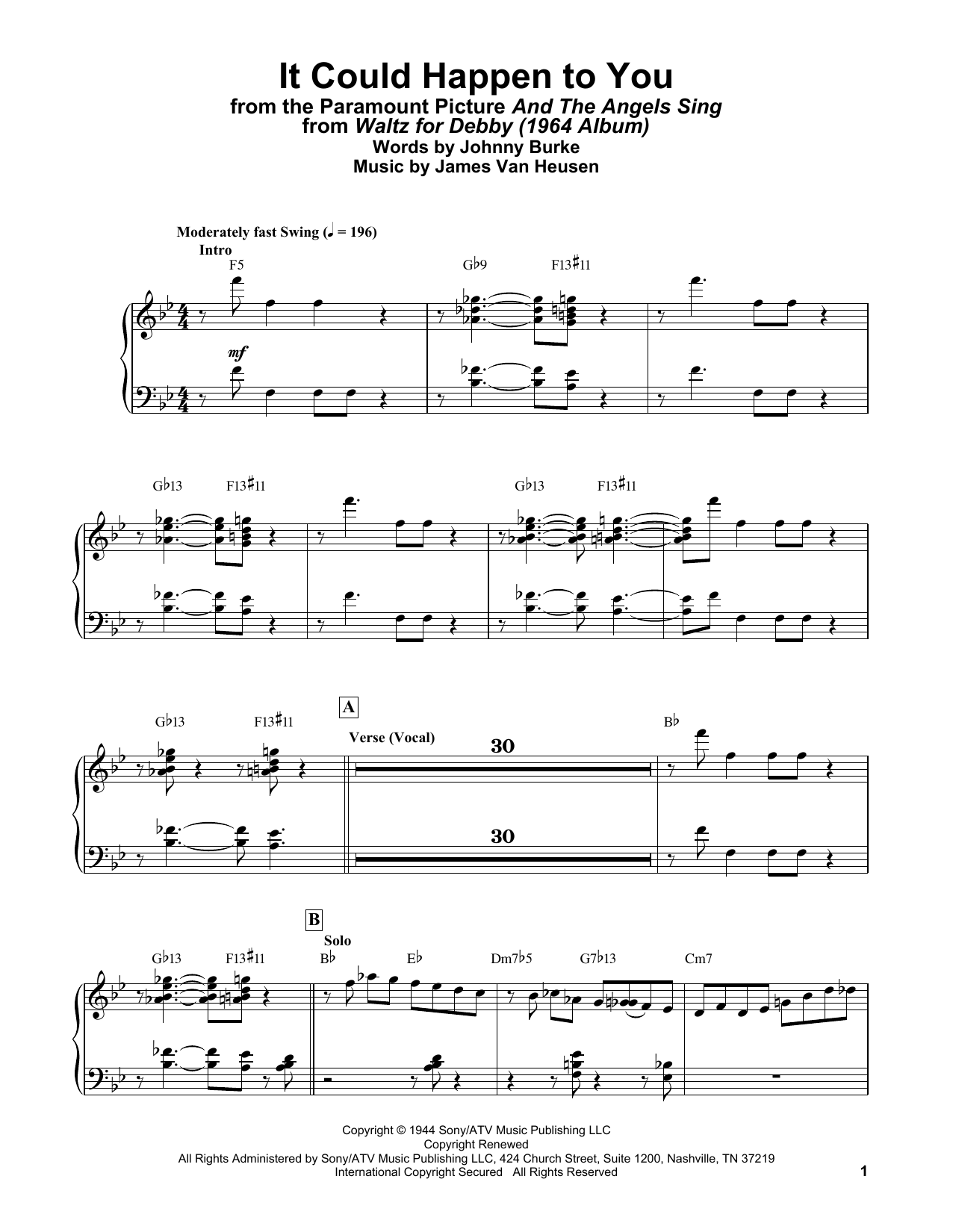 Bill Evans It Could Happen To You (from And The Angels Sing) Sheet Music Notes & Chords for Piano Solo - Download or Print PDF