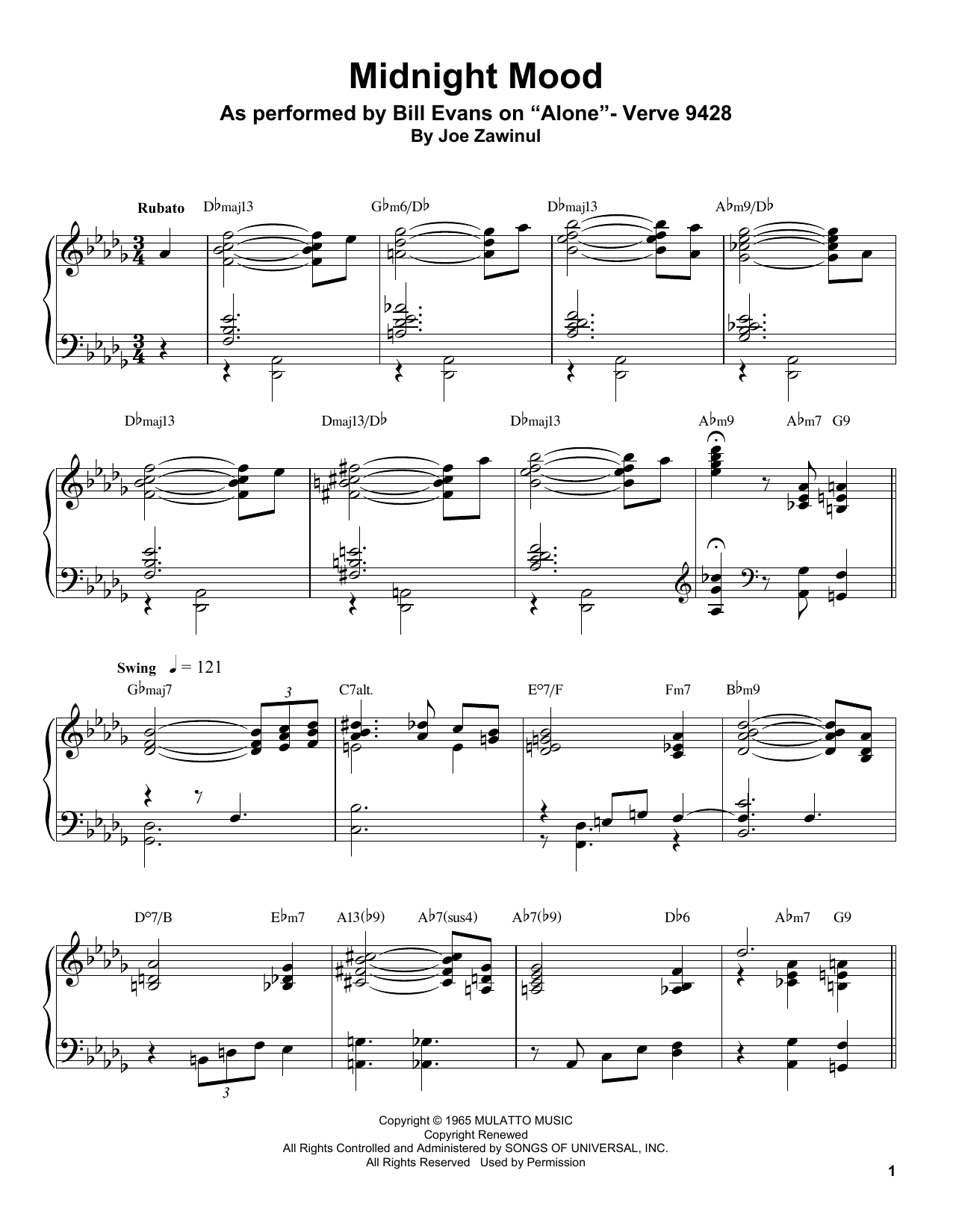 Bill Evans Midnight Mood Sheet Music Notes & Chords for Piano Transcription - Download or Print PDF