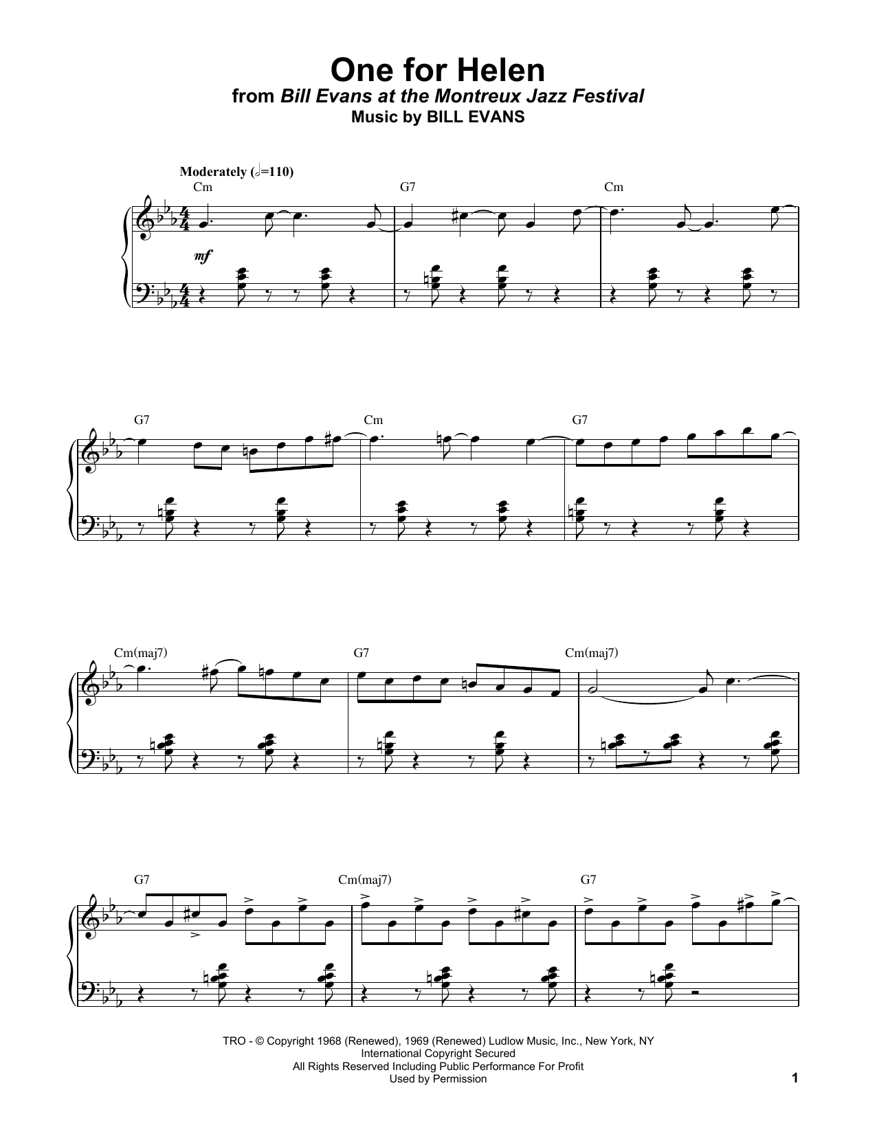 Bill Evans One For Helen Sheet Music Notes & Chords for Piano Solo - Download or Print PDF