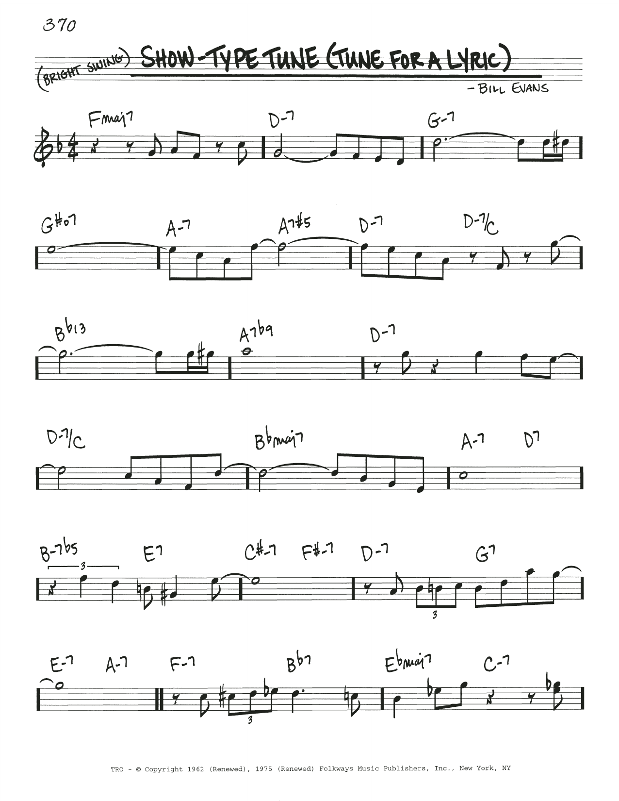 Bill Evans Show-Type Tune (Tune For A Lyric) Sheet Music Notes & Chords for Real Book – Melody & Chords - Download or Print PDF Bill Evans Show-Type Tune (Tune For A Lyric) Sheet Music Notes & Chords for Real Book – Melody & Chords - Download or Print PDF