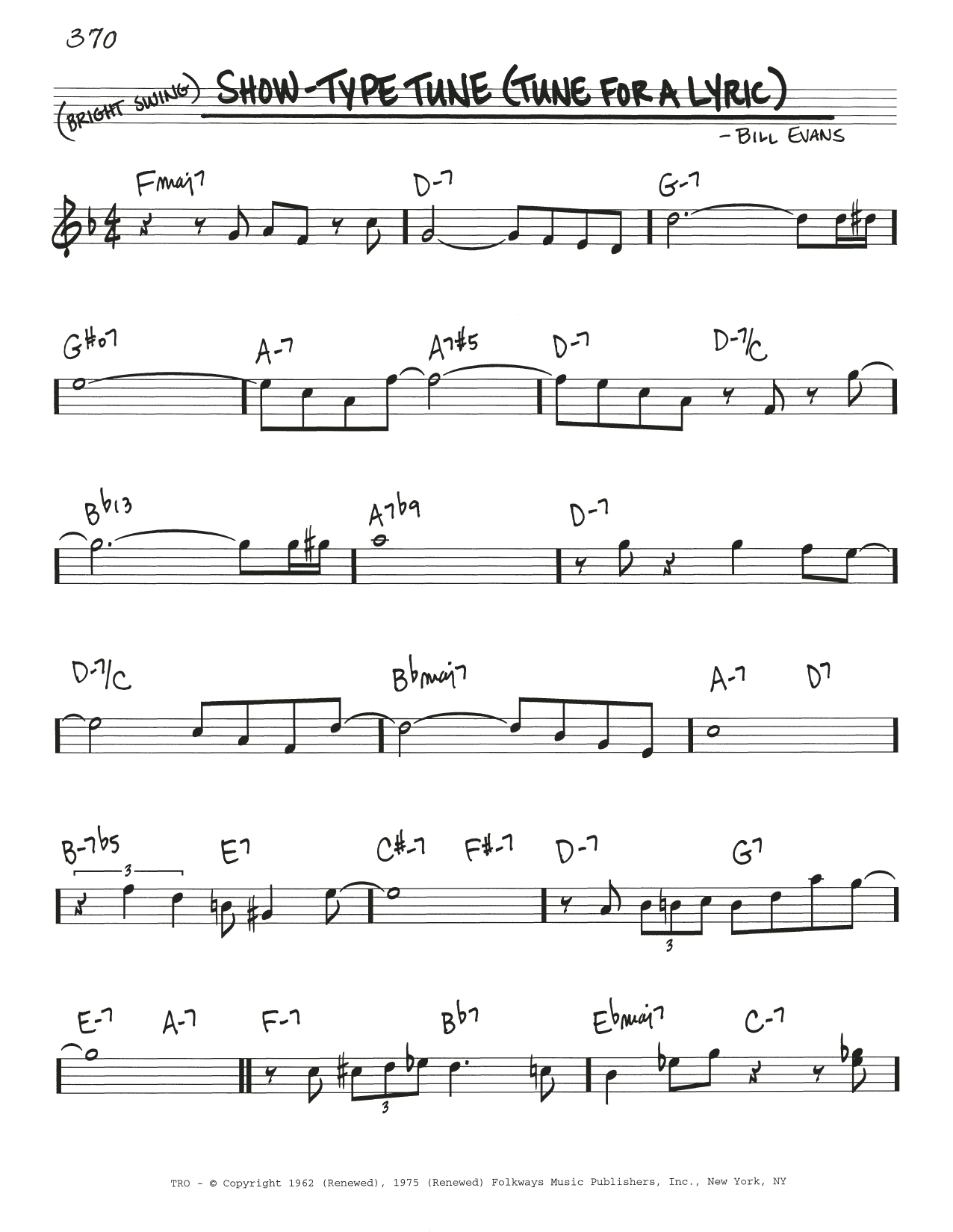 Bill Evans Show-Type Tune (Tune For A Lyric) Sheet Music Notes & Chords for Real Book – Melody & Chords - Download or Print PDF