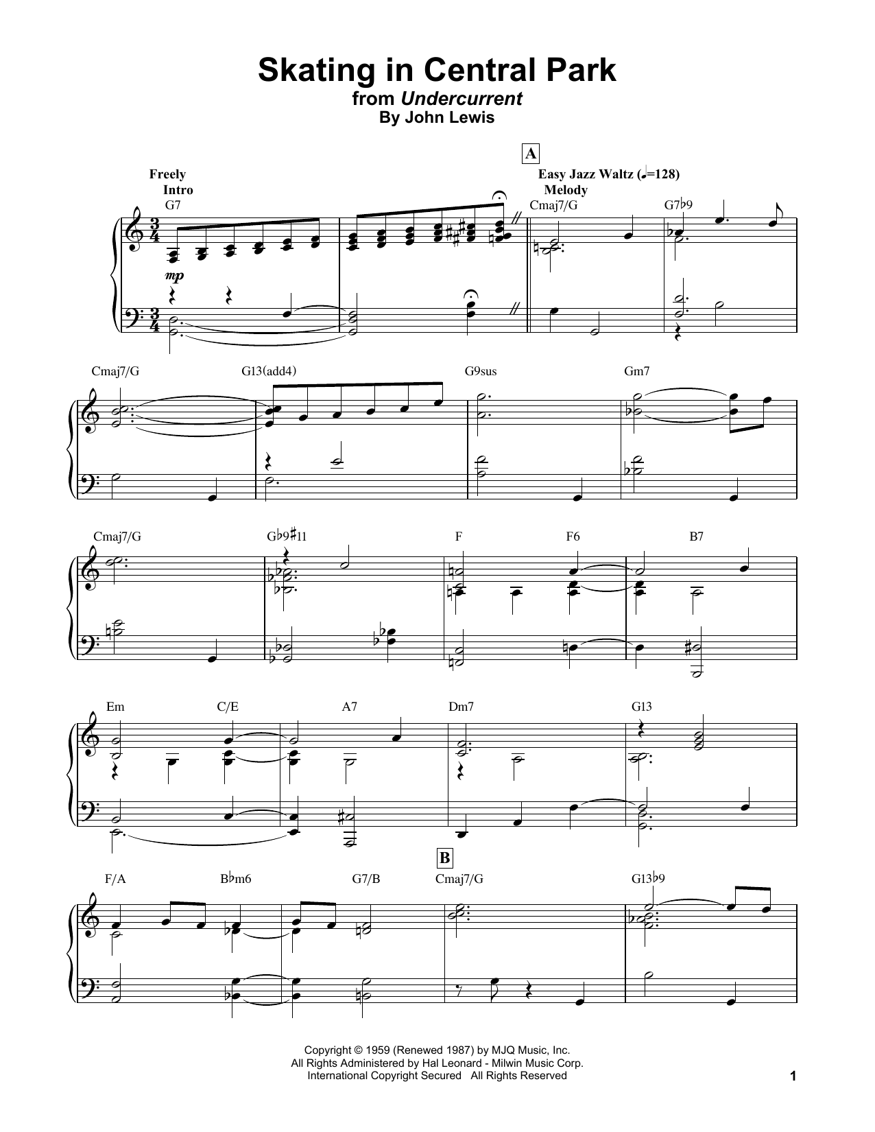 Bill Evans Skating In Central Park Sheet Music Notes & Chords for Piano Solo - Download or Print PDF