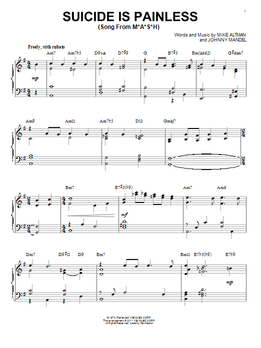 Bill Evans Song From M*A*S*H (Suicide Is Painless) [Jazz version] (arr. Brent Edstrom) Sheet Music Notes & Chords for Piano - Download or Print PDF