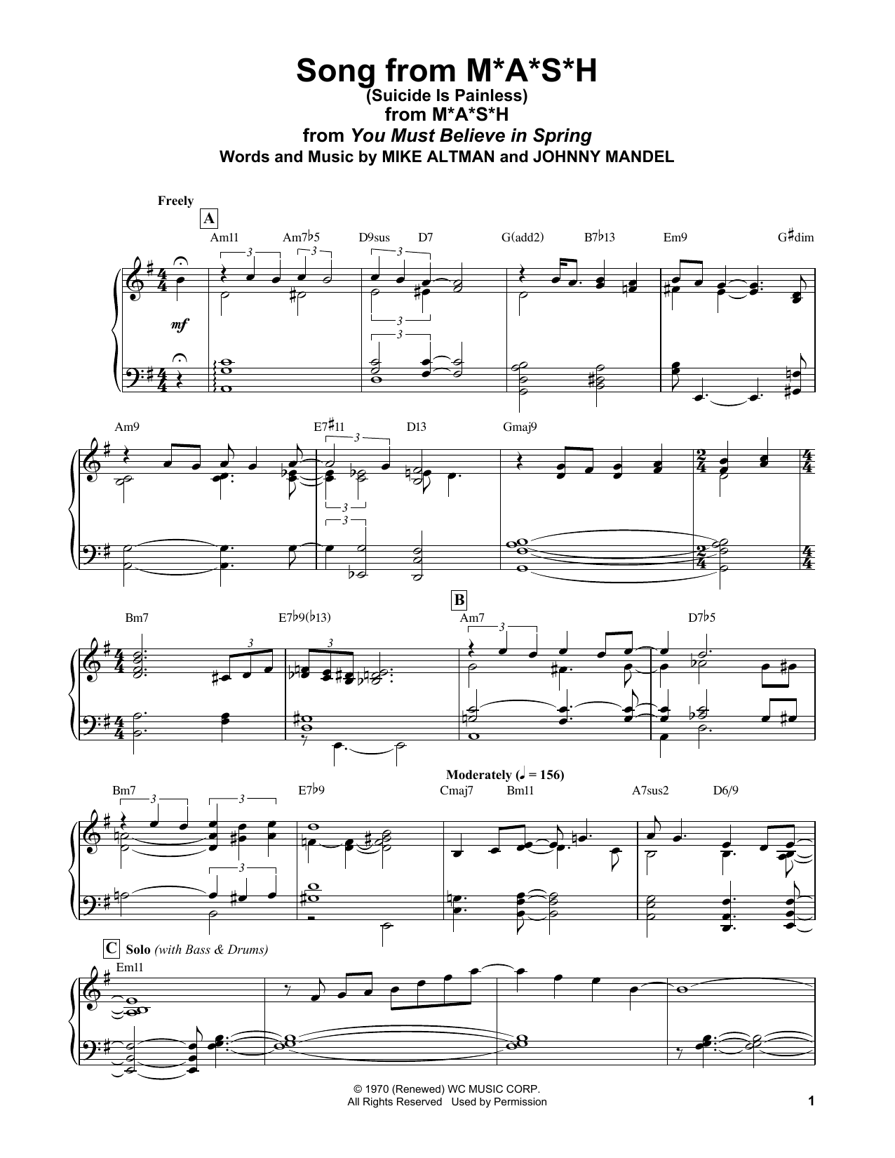 Bill Evans Song From M*A*S*H (Suicide Is Painless) Sheet Music Notes & Chords for Piano Solo - Download or Print PDF