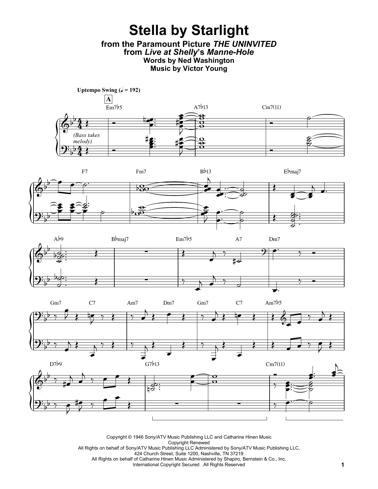 Bill Evans Stella By Starlight (from The Uninvited) Sheet Music Notes & Chords for Piano Solo - Download or Print PDF
