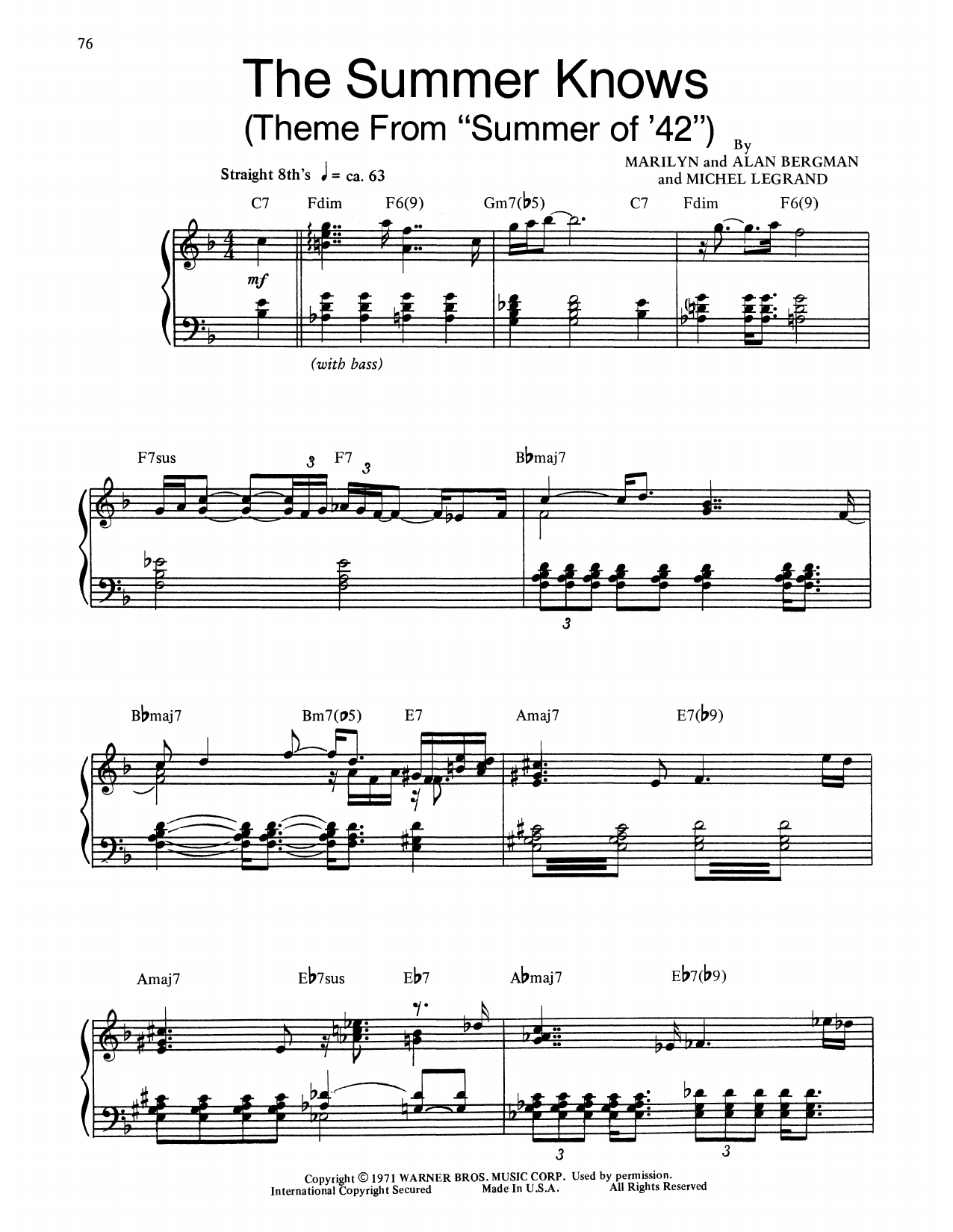 Bill Evans Theme From Summer Of '42 (The Summer Knows) Sheet Music Notes & Chords for Piano Transcription - Download or Print PDF