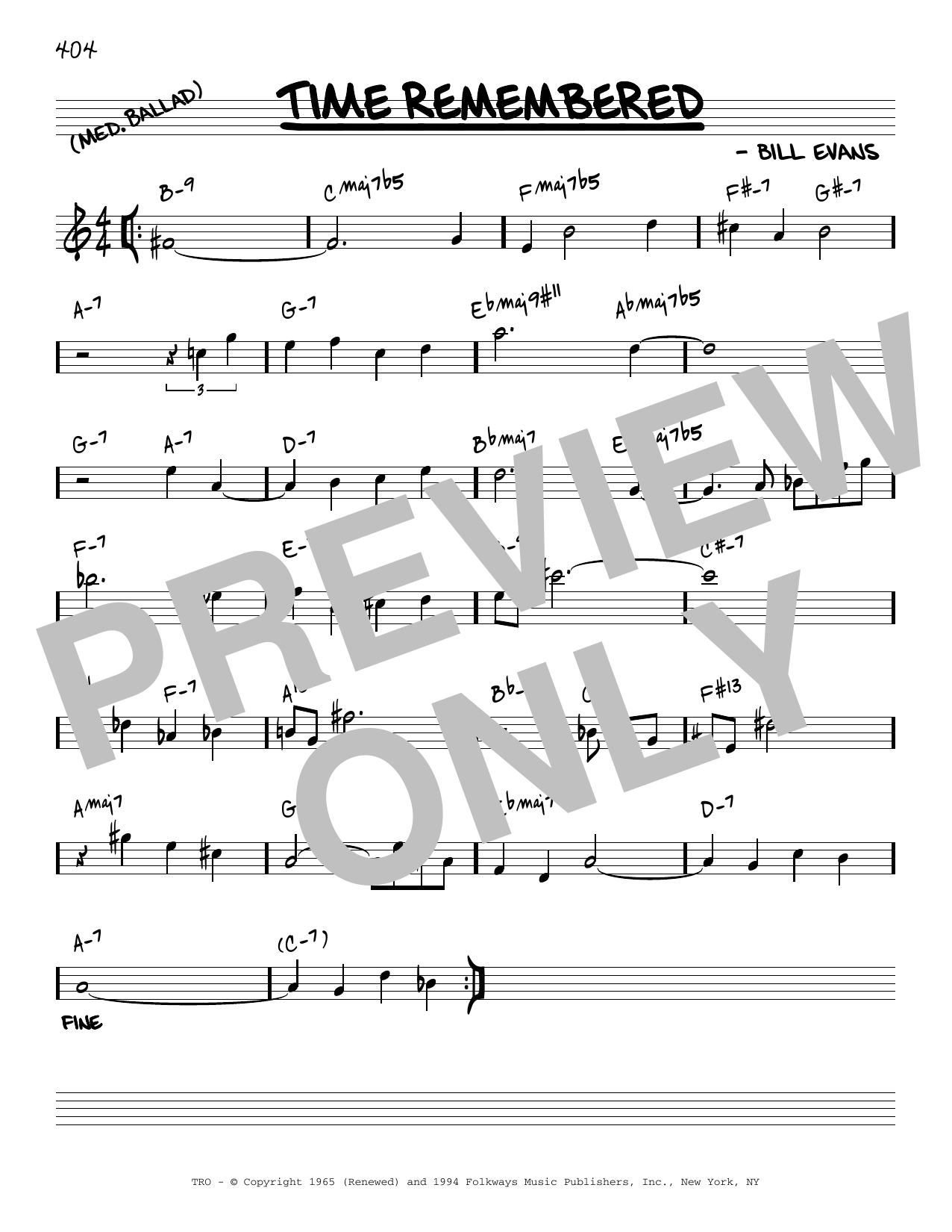 Bill Evans Time Remembered [Reharmonized version] (arr. Jack Grassel) Sheet Music Notes & Chords for Real Book – Melody & Chords - Download or Print PDF