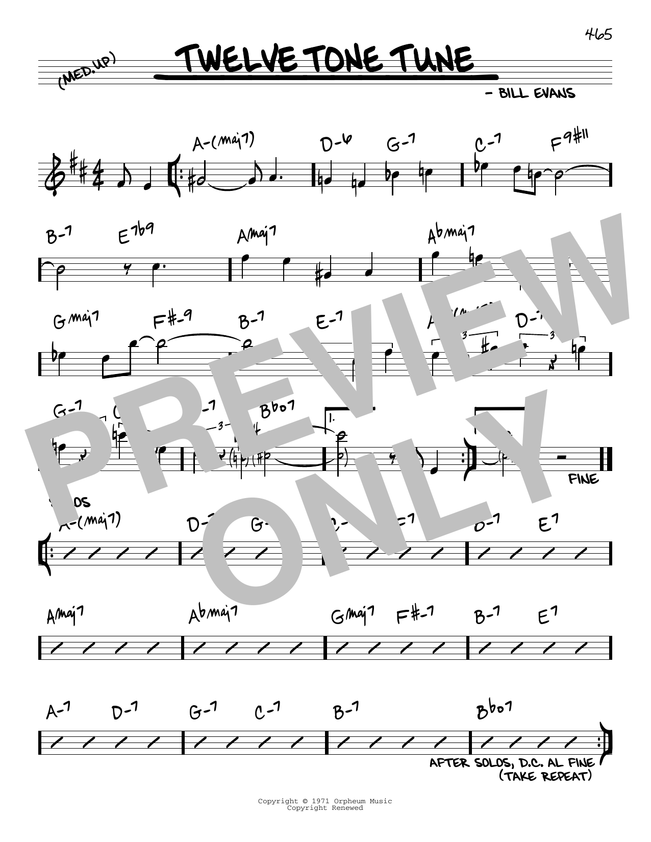 Bill Evans Twelve Tone Tune Sheet Music Notes & Chords for Real Book – Melody & Chords - Download or Print PDF