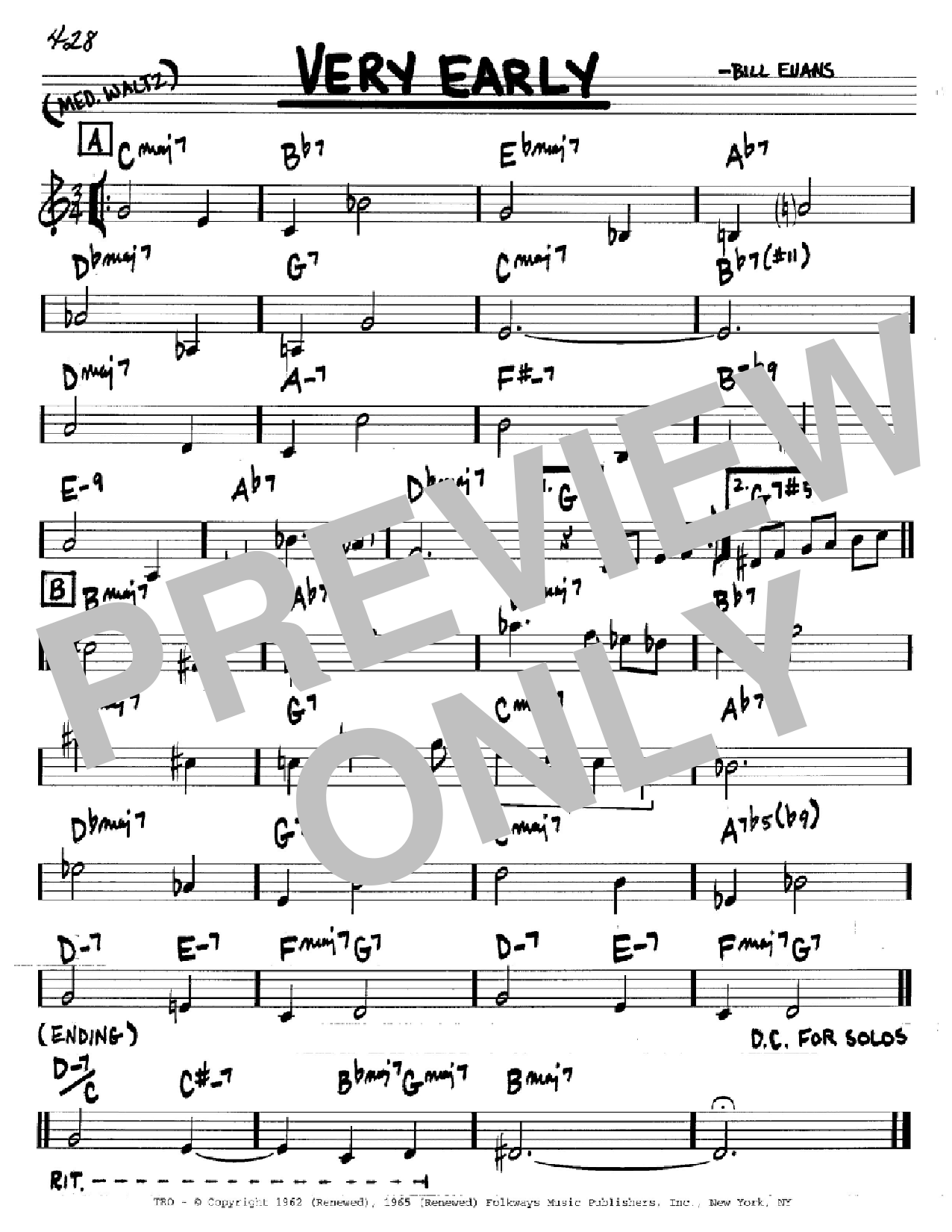 Bill Evans Very Early Sheet Music Notes & Chords for Real Book – Melody & Chords - Download or Print PDF