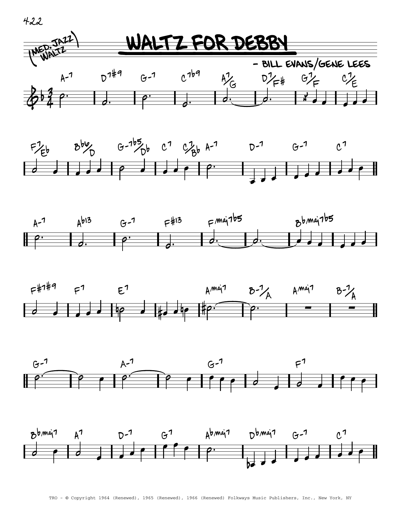 Bill Evans Waltz For Debby [Reharmonized version] (arr. Jack Grassel) Sheet Music Notes & Chords for Real Book – Melody & Chords - Download or Print PDF