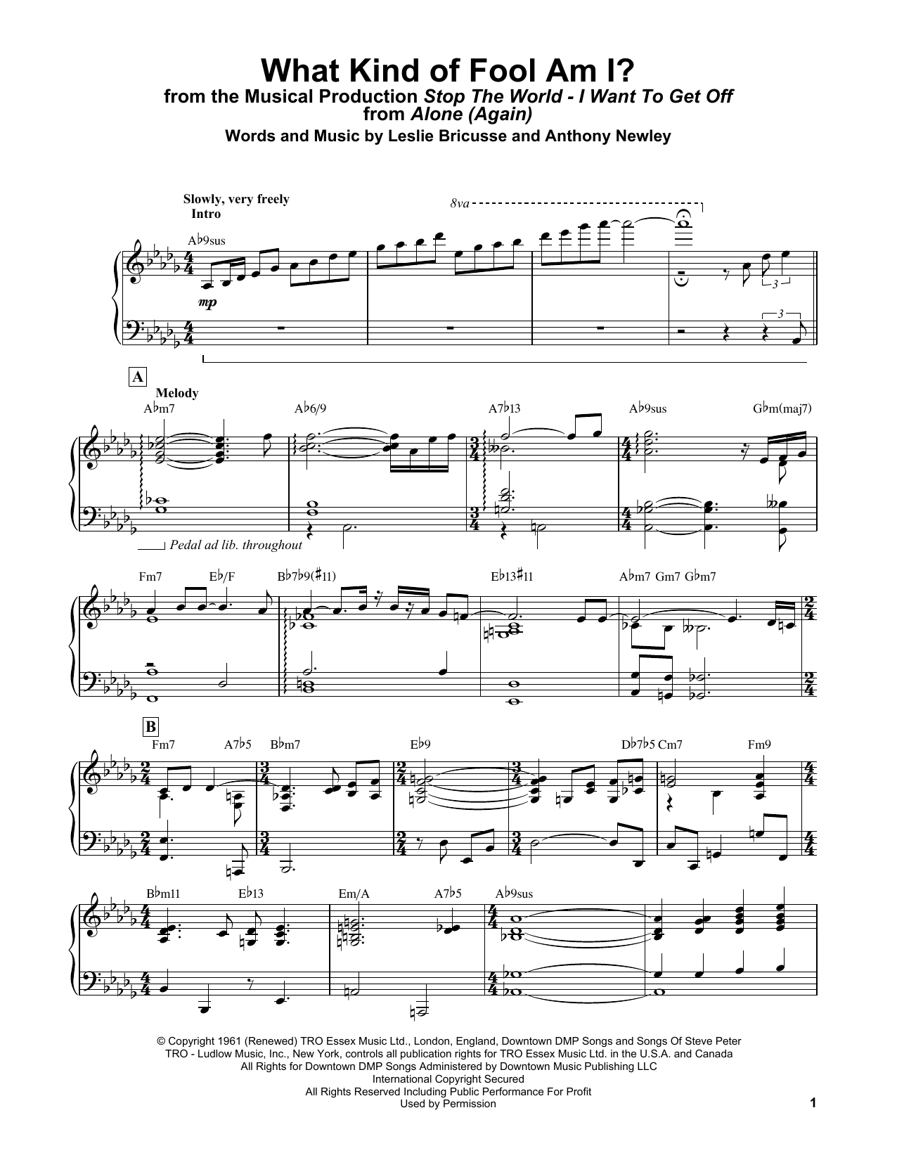 Bill Evans What Kind Of Fool Am I? (from Stop The World - I Want To Get Off) Sheet Music Notes & Chords for Piano Solo - Download or Print PDF