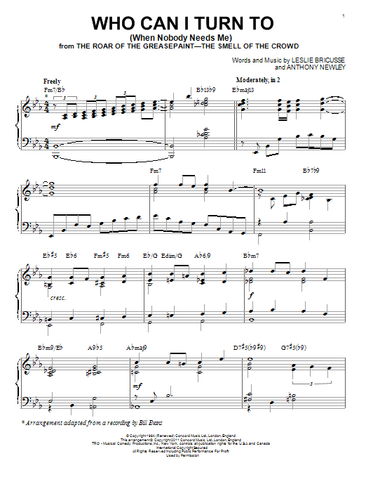 Bill Evans Who Can I Turn To (When Nobody Needs Me) [Jazz version] (arr. Brent Edstrom) Sheet Music Notes & Chords for Piano - Download or Print PDF