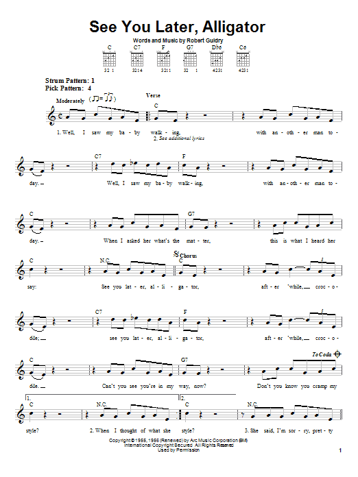 Bill Haley & His Comets See You Later, Alligator Sheet Music Notes & Chords for Easy Guitar Tab - Download or Print PDF