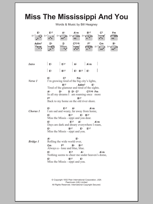 Bill Heagney Miss The Mississippi And You Sheet Music Notes & Chords for Lyrics & Chords - Download or Print PDF