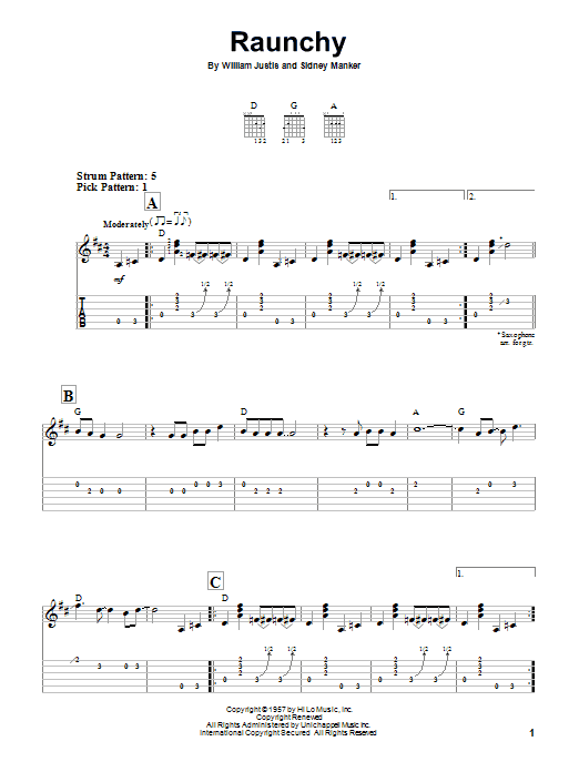 Bill Justis Raunchy Sheet Music Notes & Chords for Easy Guitar Tab - Download or Print PDF