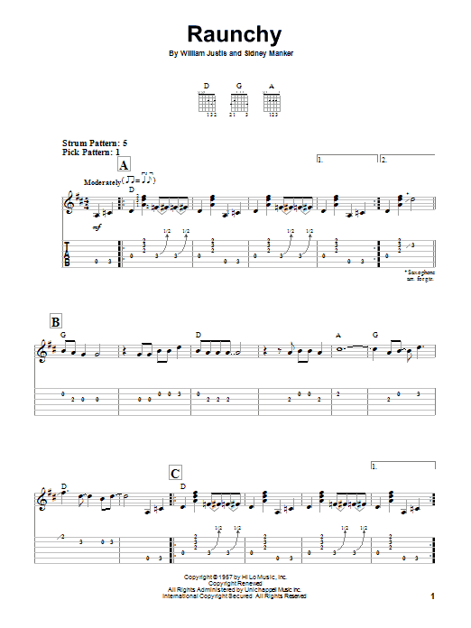 Bill Justis Raunchy sheet music notes and chords. Download Printable PDF.