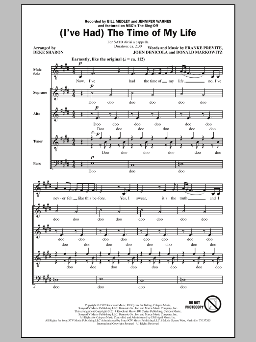 Bill Medley & Jennifer Warnes (I've Had) The Time Of My Life (arr. Deke Sharon) Sheet Music Notes & Chords for SATB - Download or Print PDF